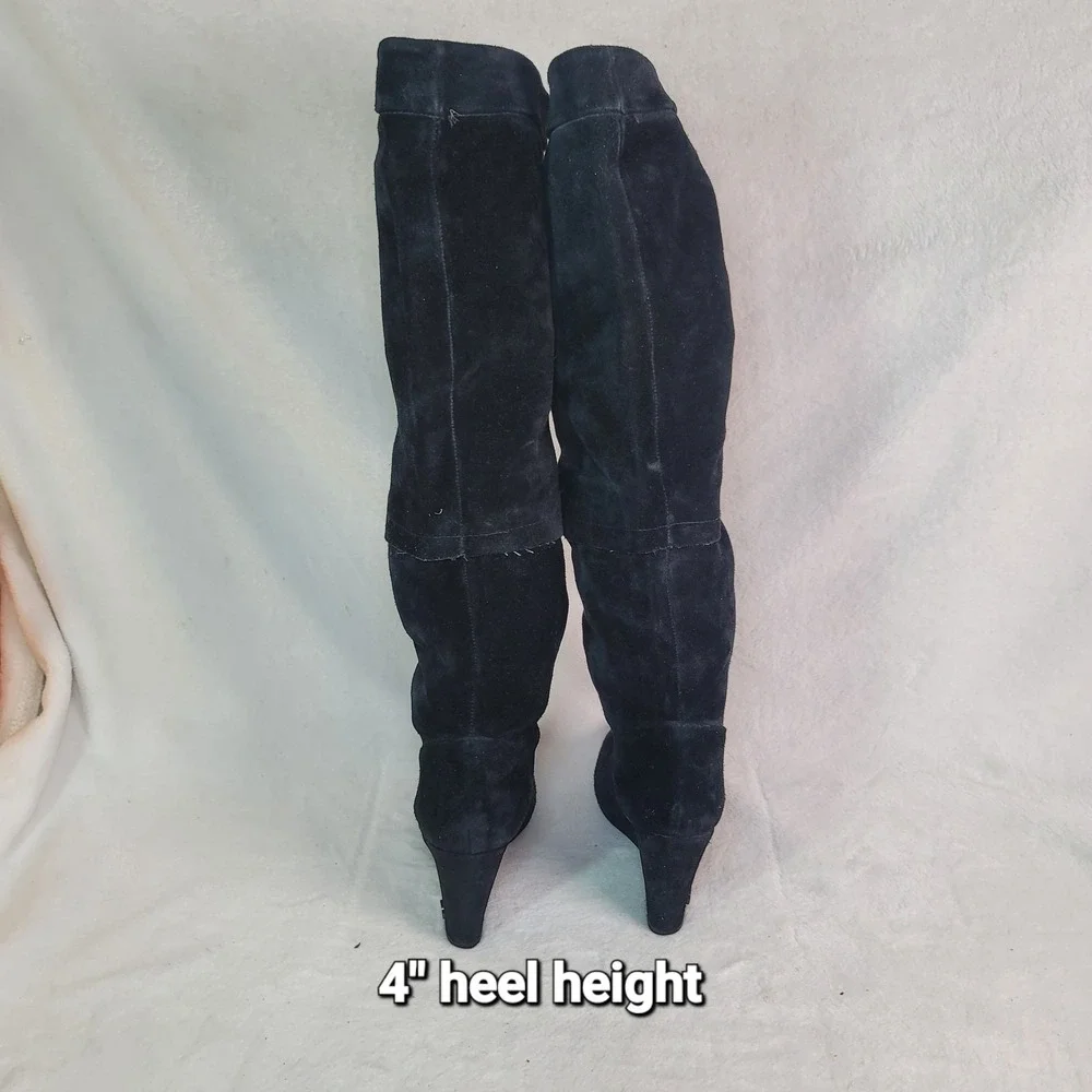 Tory Burch Y2K Black Suede Wedge High Boots‎ Designer Office Whimsigoth Size 7